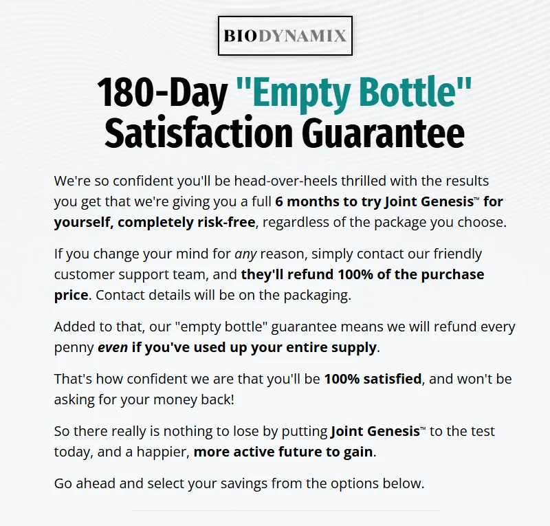 BioDynamix 180-day Joint Genesis guarantee material